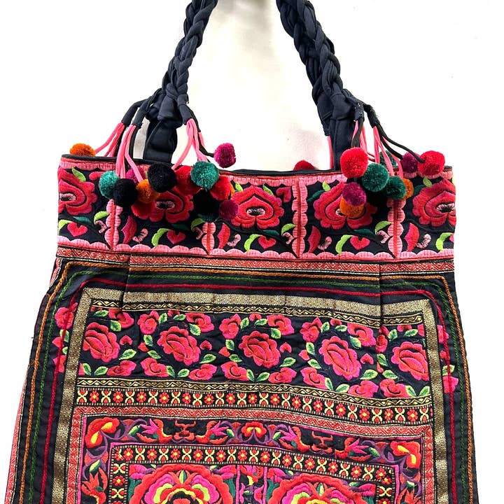 Ricki designs - Vente Tote bag – femme - TOTE EN TISSU BRODÉ À POMPONS FLORAUX0