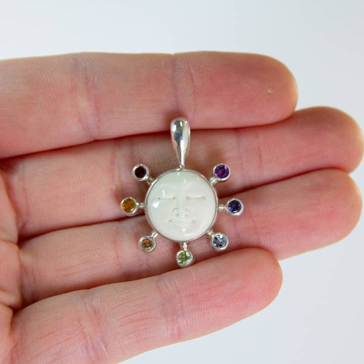 Ajmer by Jodi - Wholesale Individual Charm/Pendant - Moon Face Chakra Pendant in sterling silver ~ 7 faceted gems9
