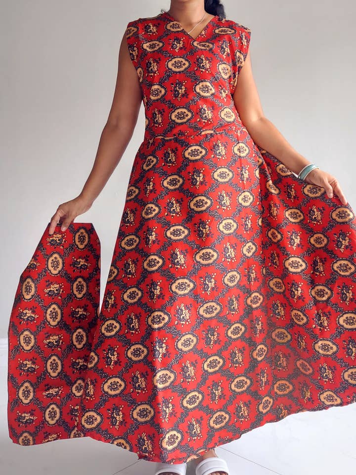 1045- Women Long Printed Sleeveless Wrap Dress for wholesale by India Batik