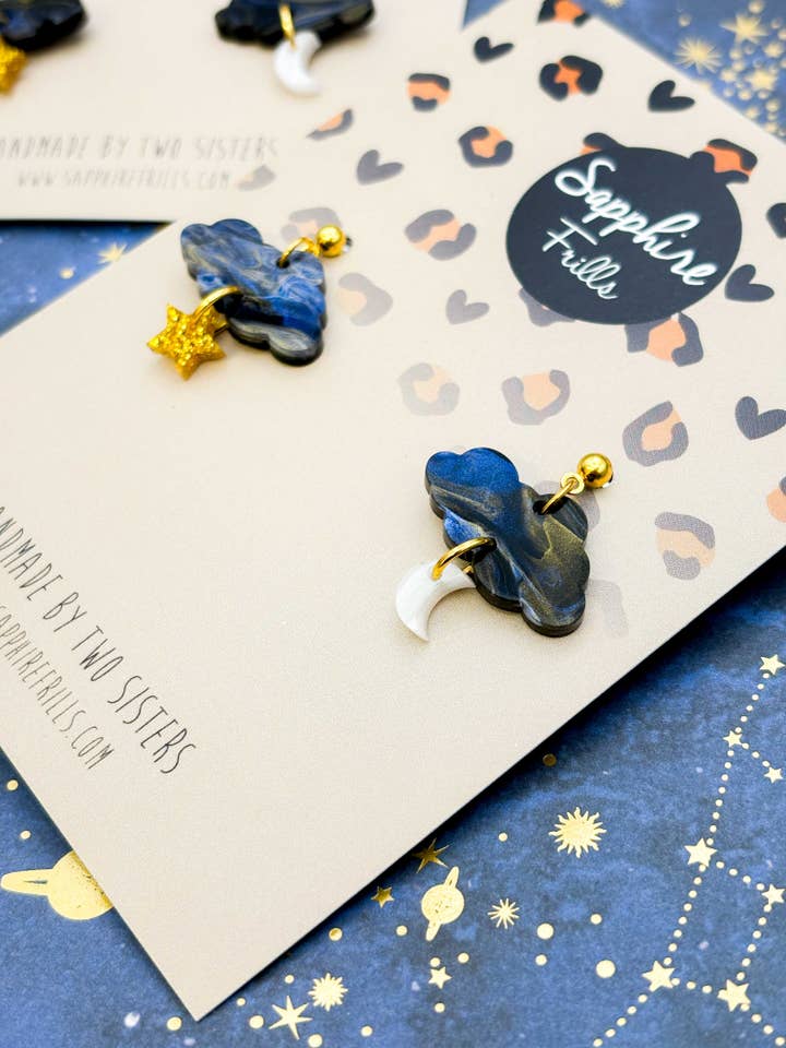 Navy Marble Gold Glitter Cloud, Moon, Star Ball Stud Earring for wholesale by Sapphire Frills Ltd
