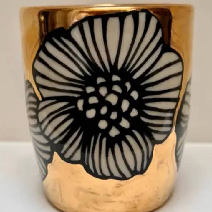 Short Handmade Botanical Vase or Tumbler Bathed in 22K Gold for wholesale by Hsieh Clay SF