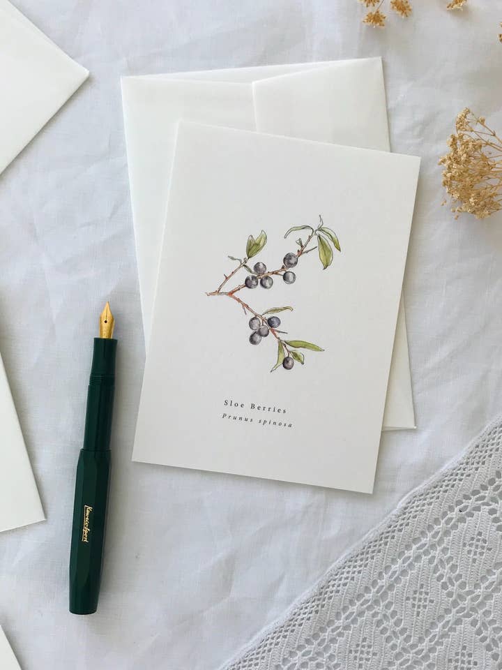Sloe Berries Botanical Illustration Card for wholesale by Annie Brougham Paper Goods.