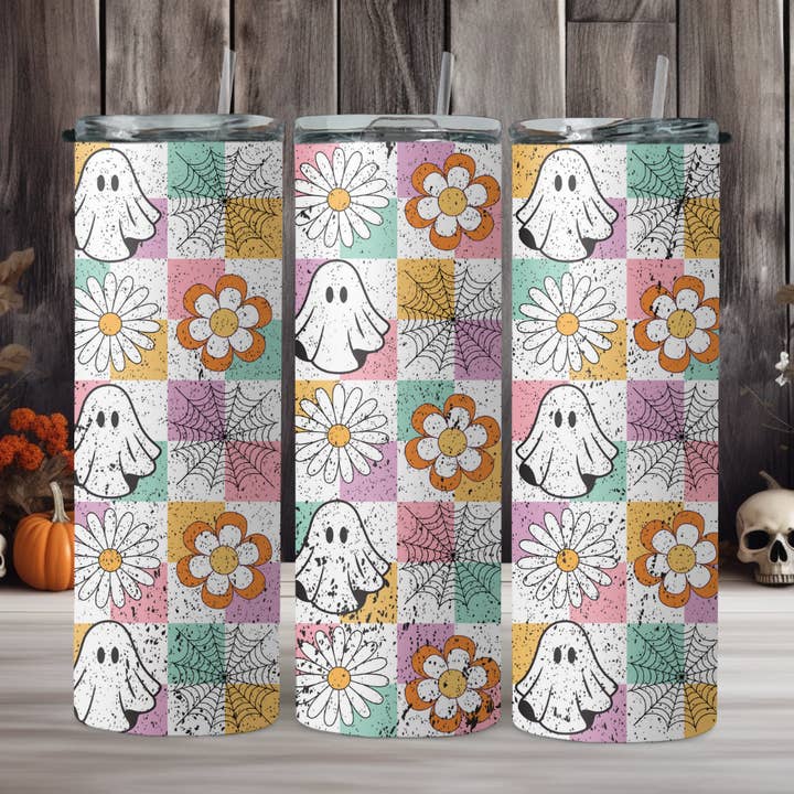 Copo com Flores Fantasmas Xadrez e Teias por atacado de Wicked Flower Creations