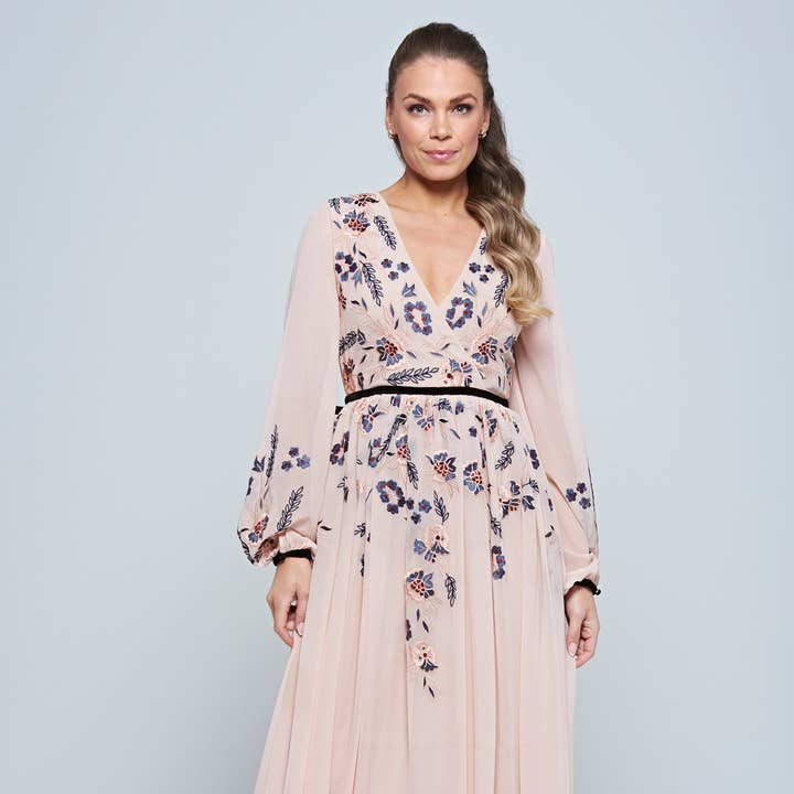 Erica Blush Floral Embroidered Maxi Dress for wholesale by Frock & Frill