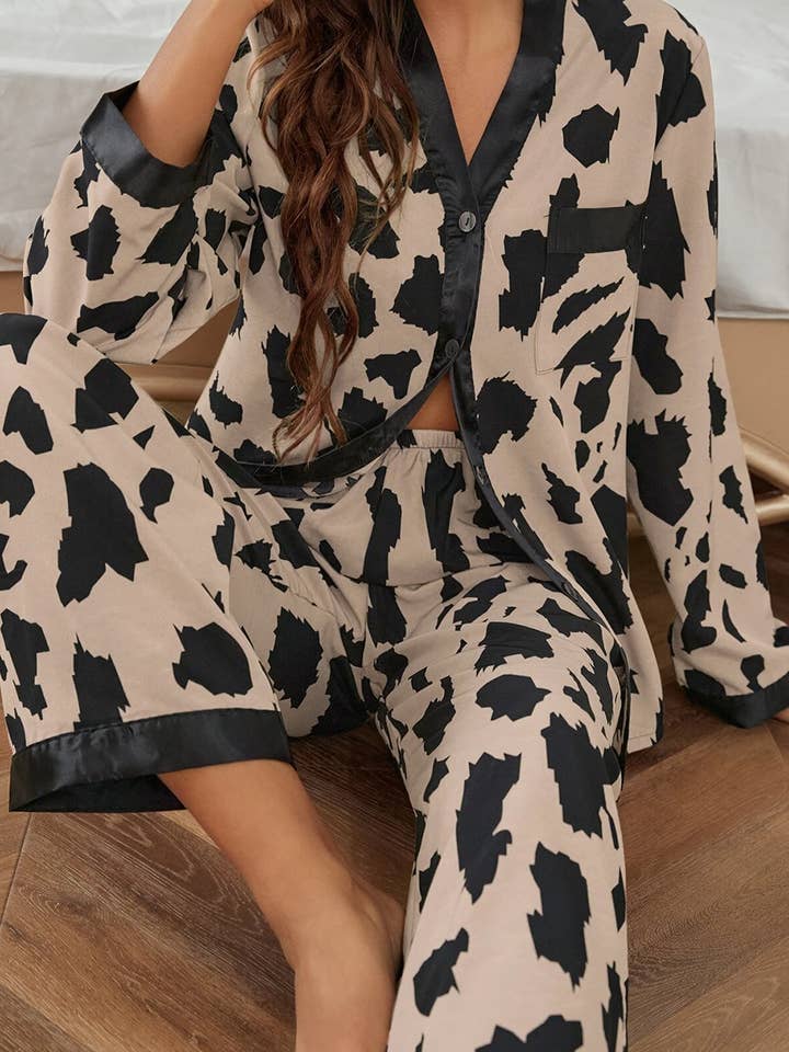 Khaki Cheetah Contrast Trim Loose Fit Two Piece Sleepwear for wholesale by Molly & Me Boutique