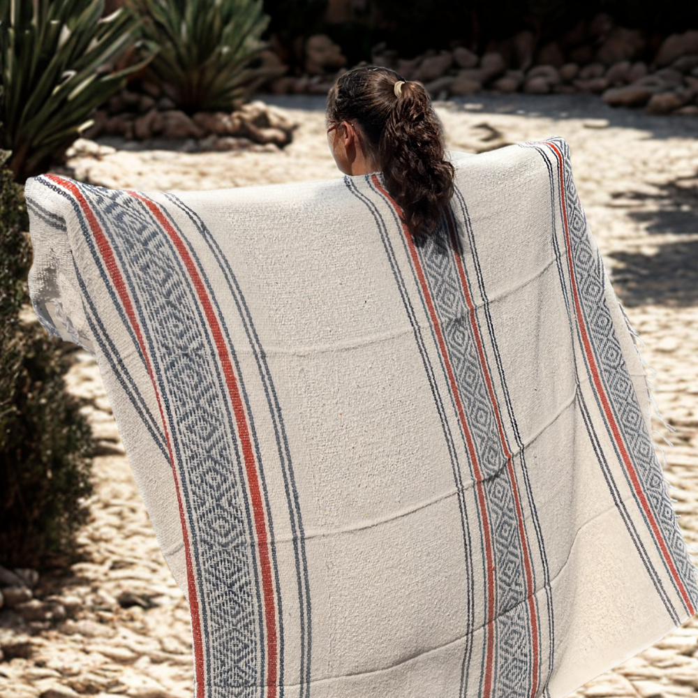West Path – wholesale Throw blanket – Baja Classic Mexican Blanket - White - Blue 3