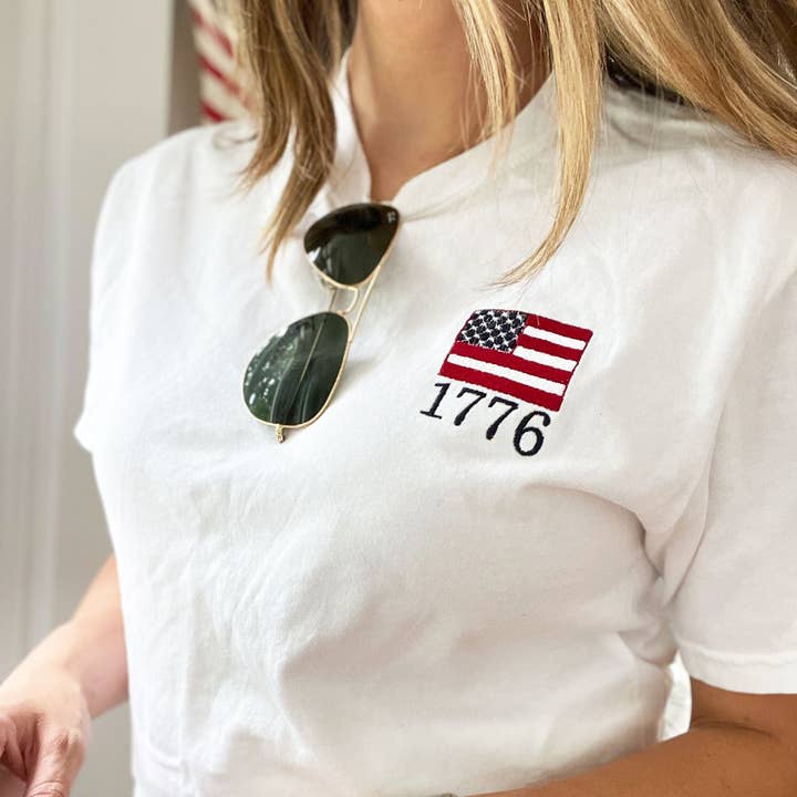 1776 American Flag Embroidered T-Shirt for wholesale by Arden & Gold