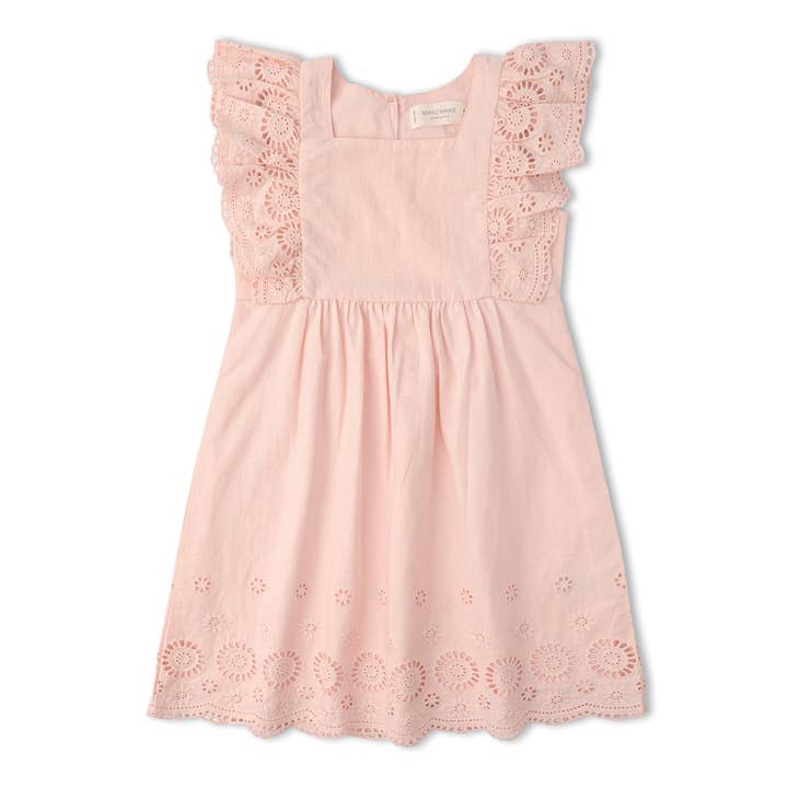 Abito svolazzante in pizzo organico - Pizzo rosa cipria per la vendita all'ingrosso da parte di Makemake Organics