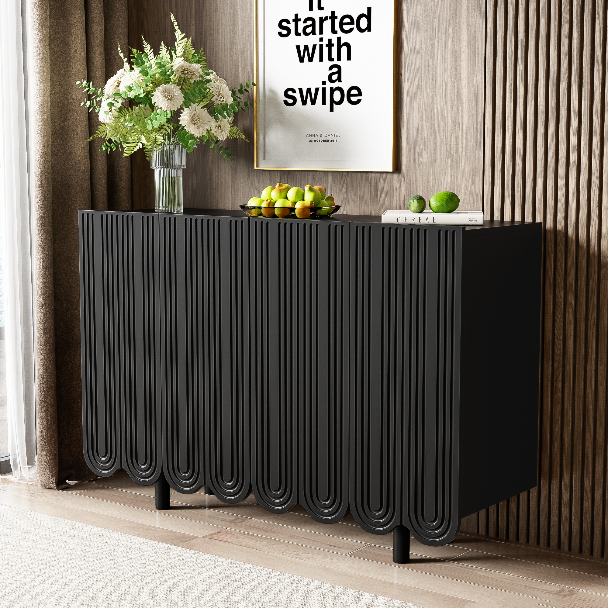 Urban Meuble - Wholesale Sideboard - Black buffet with 4 doors, pattern, and storage 120*37.5*80.8 cm EVRENS BLACK4