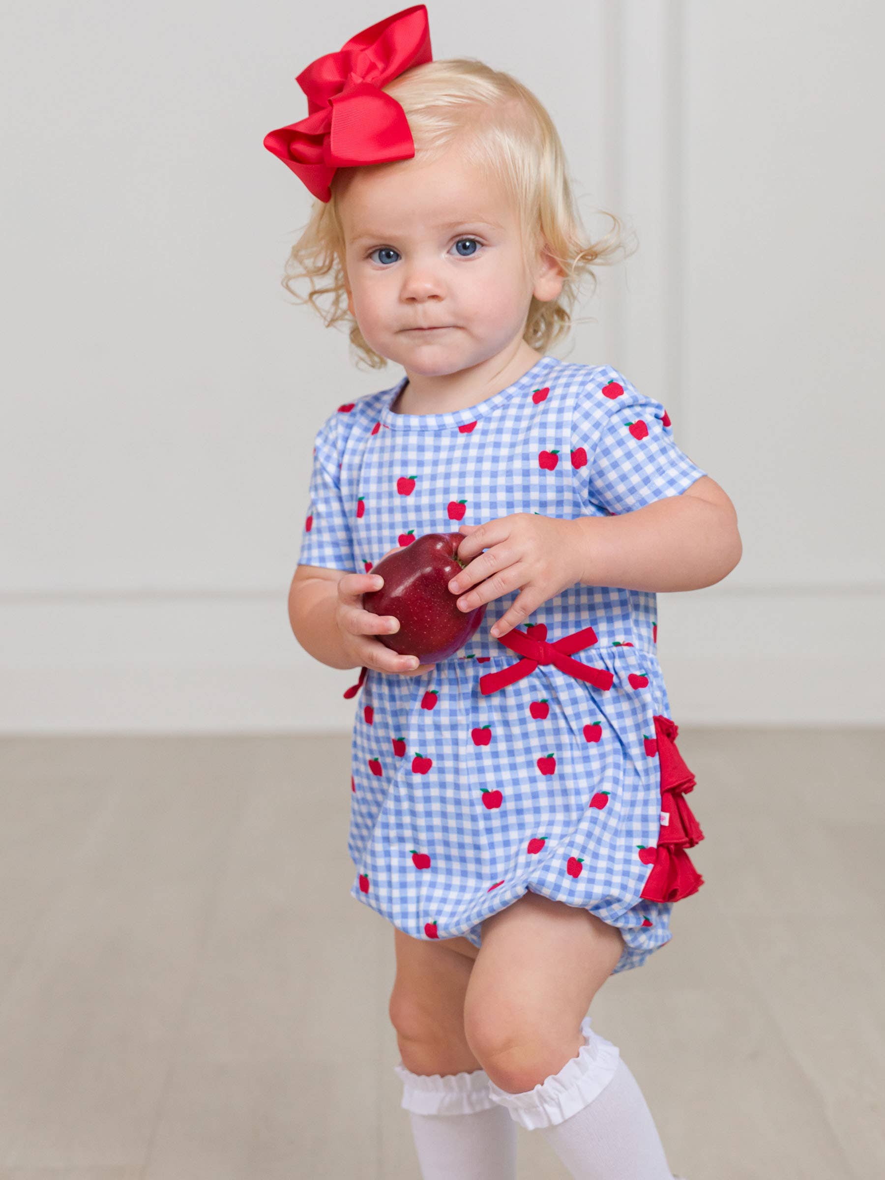 Blue Baby Girls Apple Orchard Gingham Knit Short Sleeve Bow Bubble Romper
for wholesale on Faire