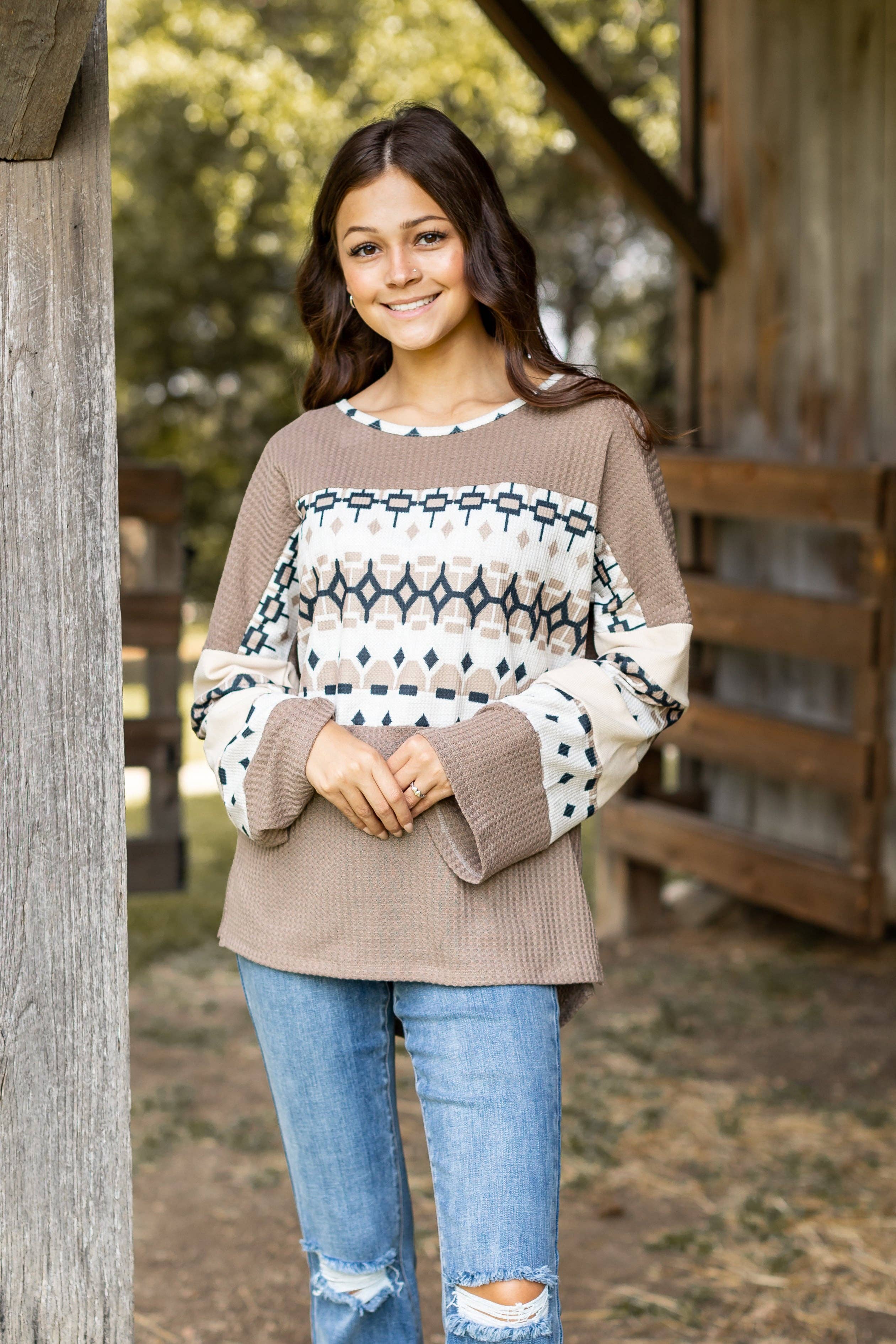 Red Tan Waffle Knit With Aztec Details for wholesale on Faire5