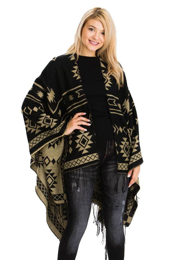 Cap Zone – Poncho - Mulher por atacado – Poncho ocidental reversível com padrão geométrico asteca11