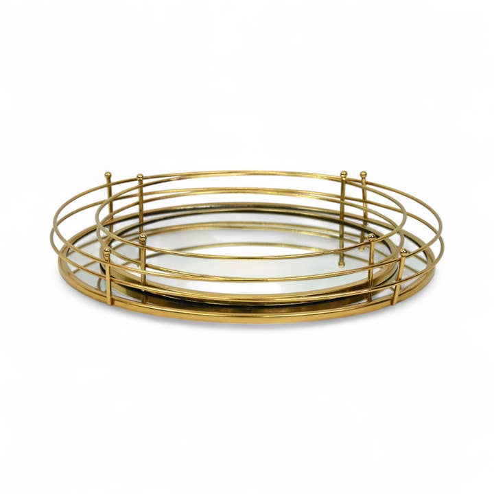 Cheungs Home Decor - Wholesale Decorative Tray - Set of 2 Round Metal & Mirror Trays | Gold | Double Row Rim1
