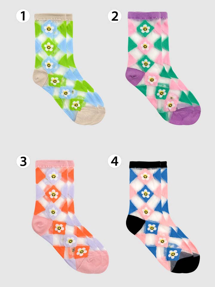 Damensocken mit durchsichtigem Rundhalsausschnitt und Blumenmuster im Argyle-Stil für den Großhandel von 7DAYSSOCKS