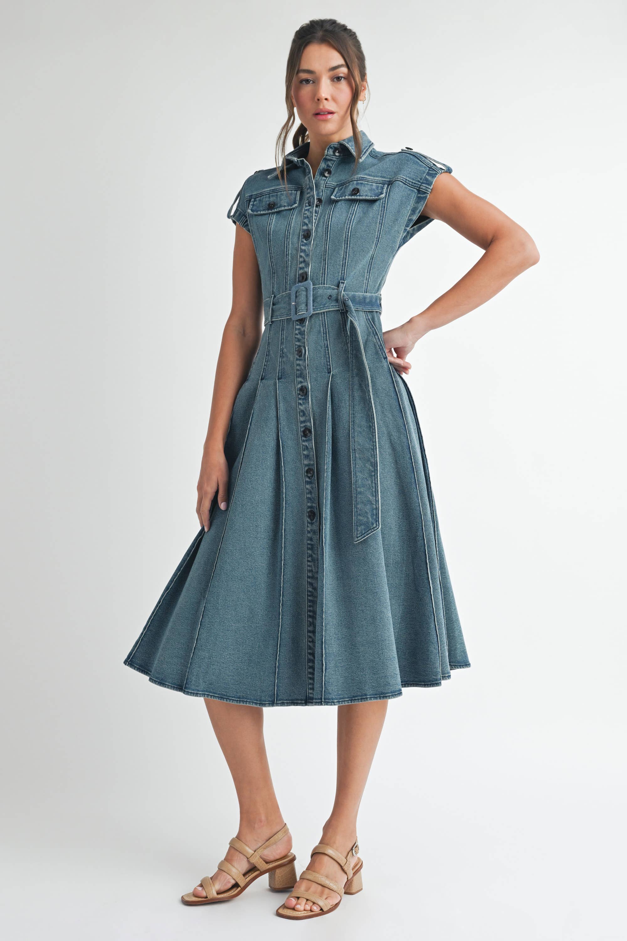 MIDIUM WASH Denim Belted Midi Dress  for wholesale on Faire2