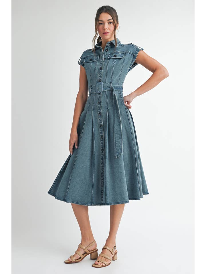 MIDIUM WASH Denim Belted Midi Dress for wholesale on Faire2