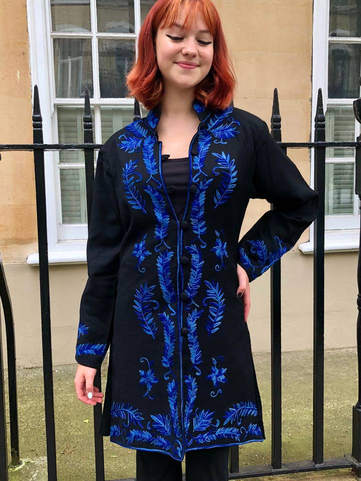 Black with Blue Maharani Pure Wool Jacket for wholesale by Memsahib Collections