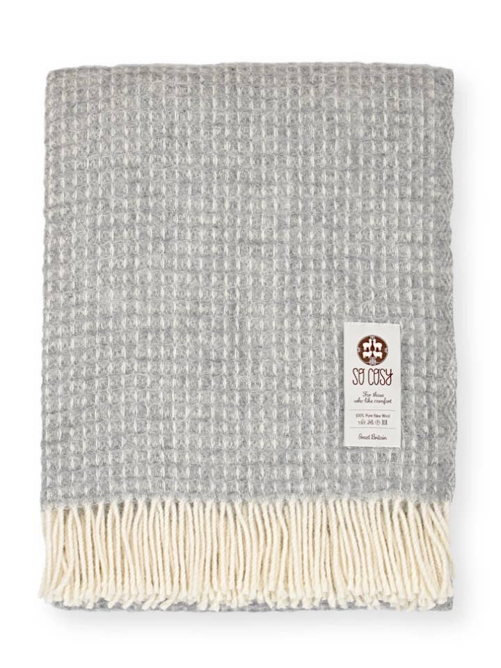 Waffle Weave Pure New Wool Throw Blanket in Grey for wholesale by So Cosy Ltd.
