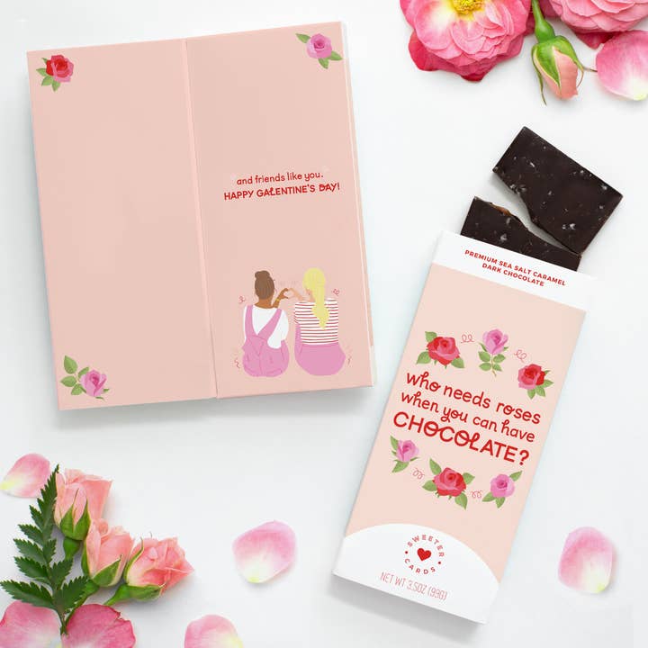 GALentine's Day Card with Chocolate Inside - Who Needs Roses for wholesale by Sweeter Cards Chocolate Bar + Greeting Card in ONE!