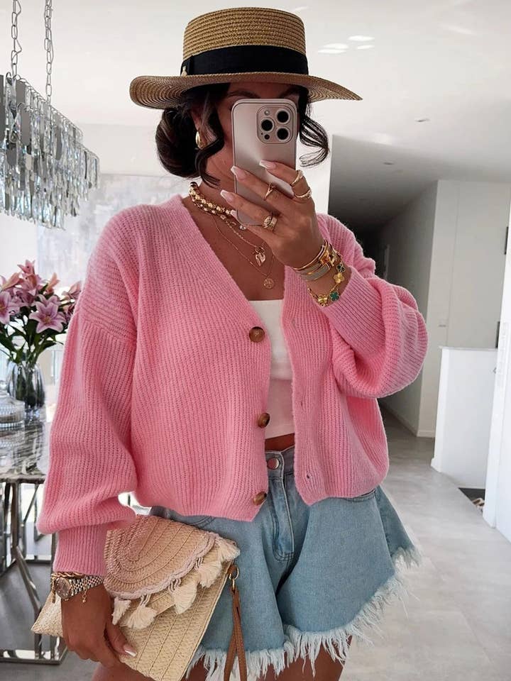 Sophie Melange Style Knitted Cardigan-Pink for wholesale by Catwalk Wholesale