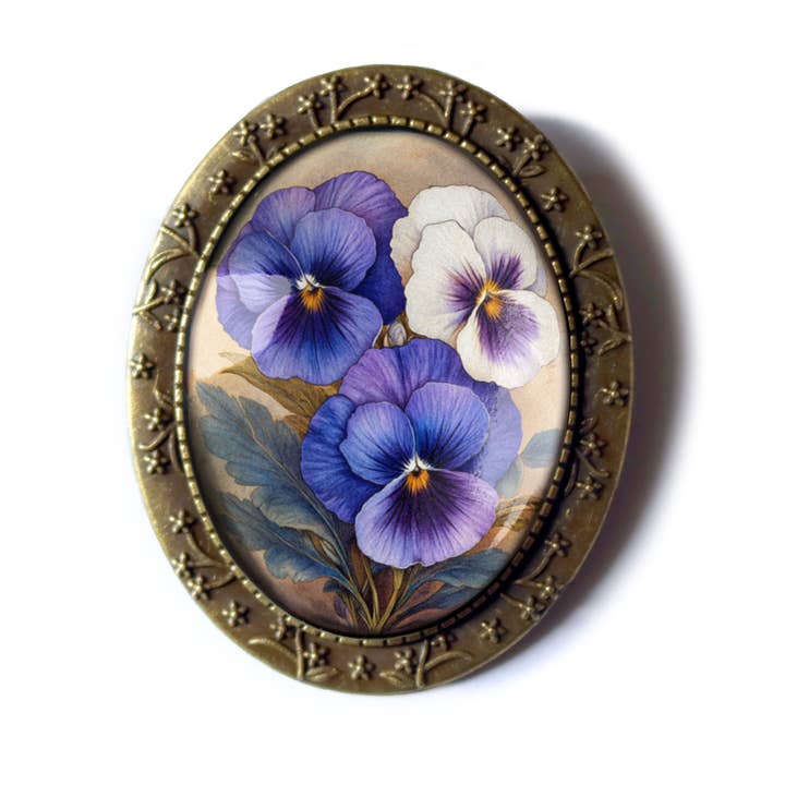Purple Pansies Spring Floral Glass and Bronze Brooch for wholesale by The Divine Iguana