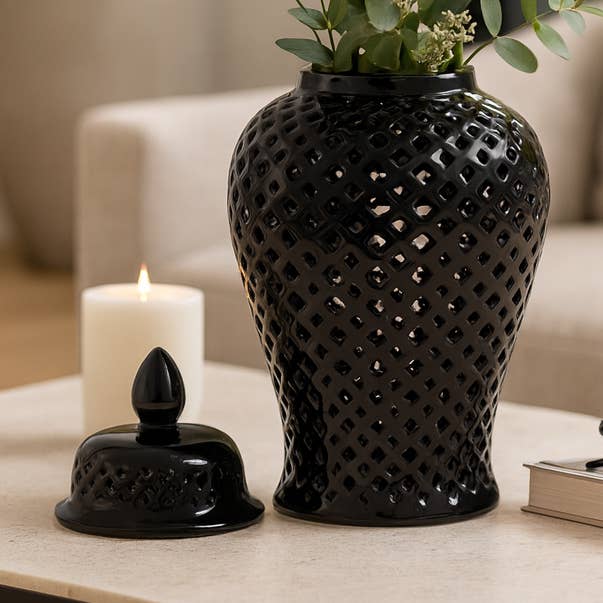 Ceramic Cut-out Clover Decorative Temple Jar - Black, 17 in. for wholesale by Sagebrook Home