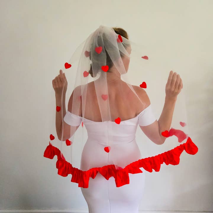 The Candy Heart wedding veil with Red Hearts for wholesale by Lovesick Rebel