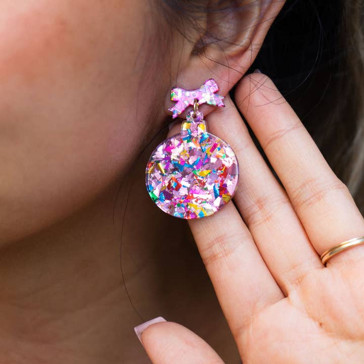 Spiffy & Splendid - Wholesale Dangle Earrings - Christmas Ornament Earrings - Light Pink Sparkle // Holiday