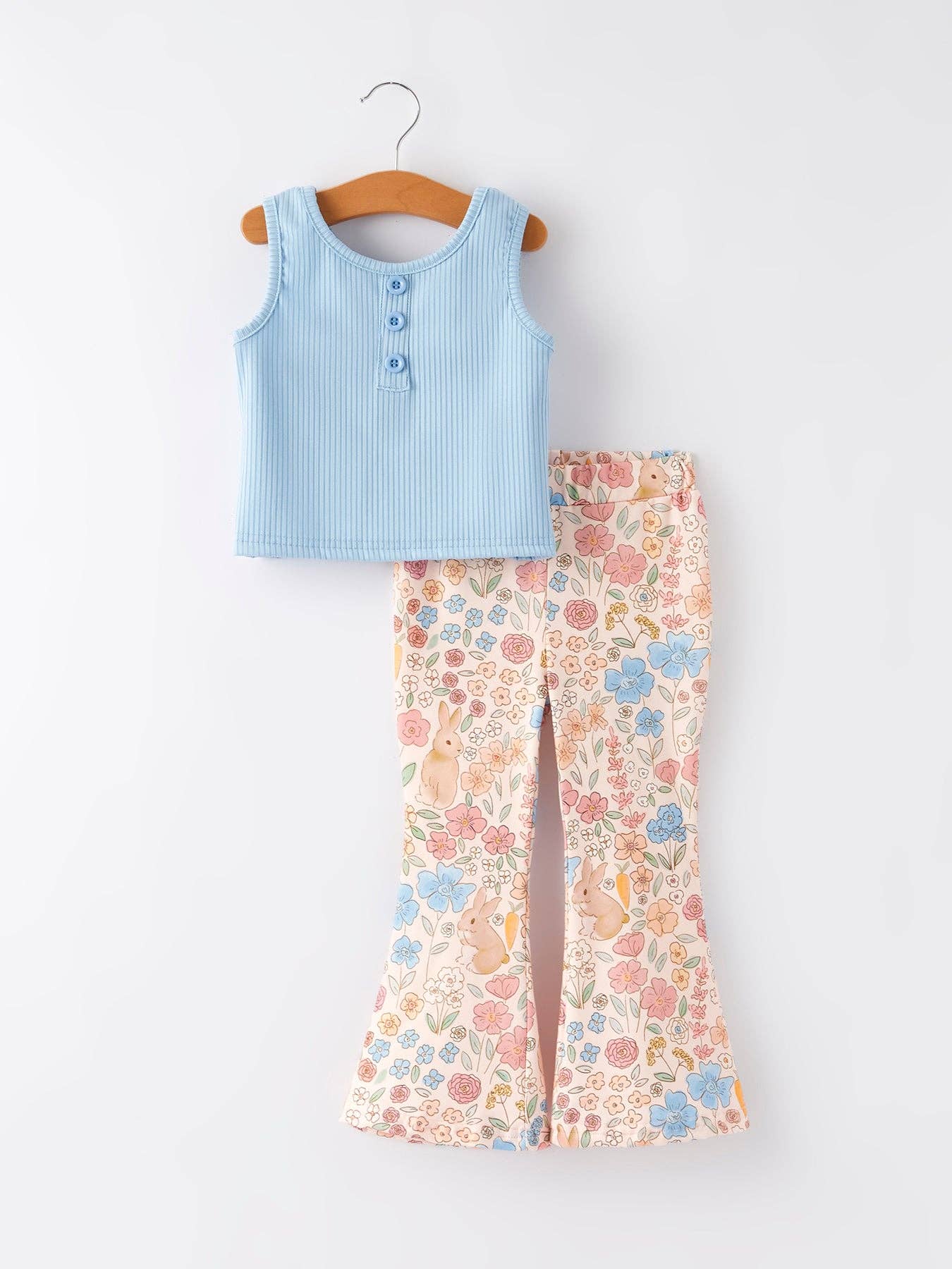 Rylee Faith Designs - Venta al por mayor Pantalones - Niños - Conjunto de Top con Estampado Floral de Conejito Azul y Pantalones Acampanados para Niñas de Pascua