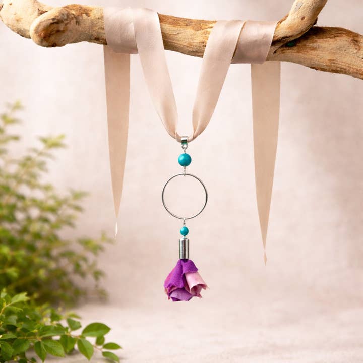 Sterling Silver and Silk Necklace w/ Pink Flower & Turquoise for wholesale by Buckaroo Bling LLC dba Bling Boheme