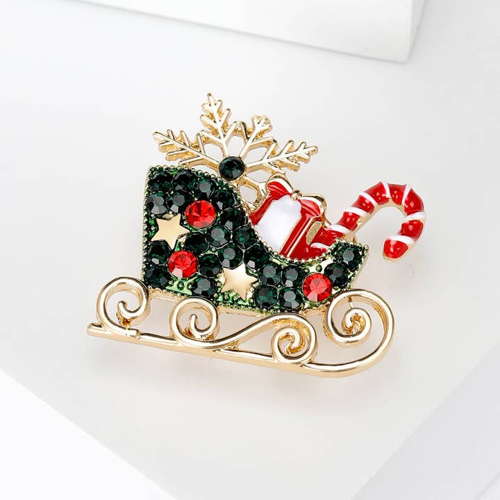 Green Christmas Sleigh Brooch With Snowflake, Candy Cane & Gift for wholesale on Faire1