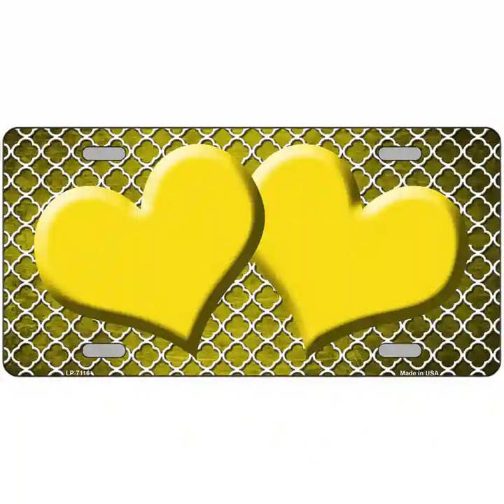 Yellow White Quatrefoil Hearts Oil Rubbed License Plate for wholesale by Smart Blonde