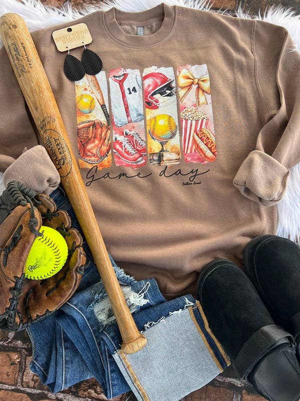 Softball Game Day Mocha Sweatshirt for wholesale by Southern Swank