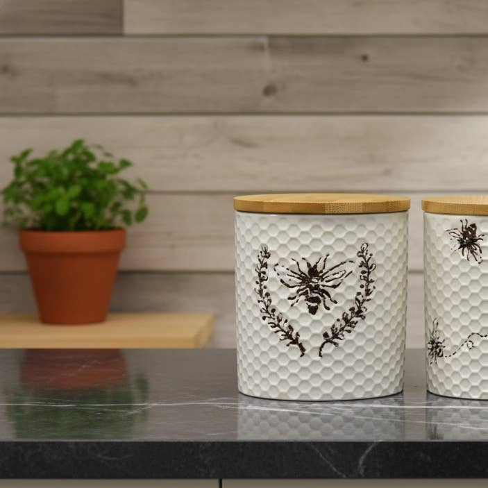 3x Ceramic Bee Storage Canister Wood Lid Kitchen Jar 16x12Cm for wholesale by DEENZ