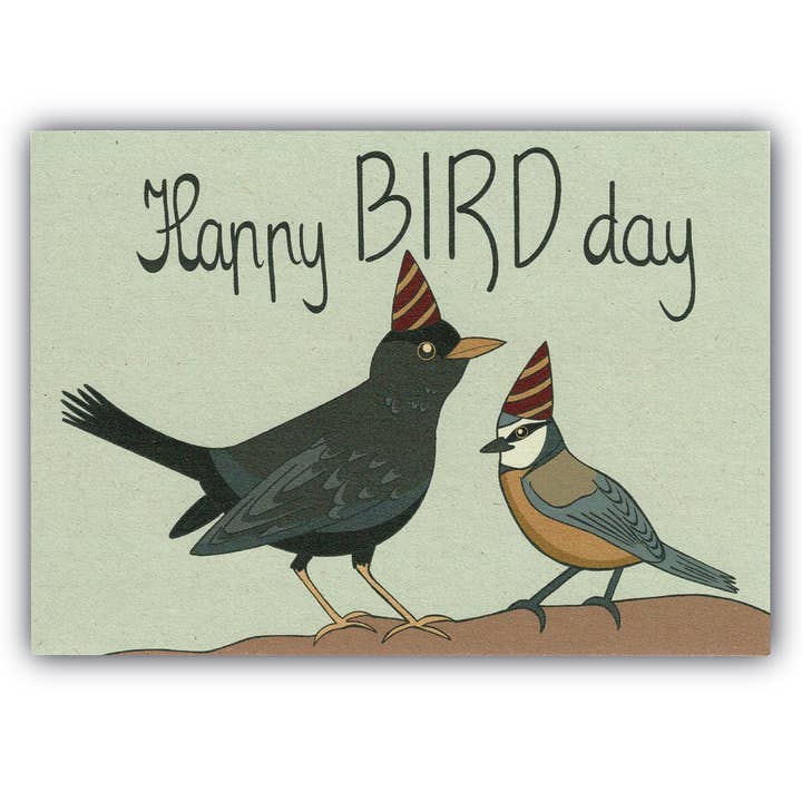 Nachhaltige Postkarte Happy Bird Day für den Großhandel von Buro Binnenveld Illustraties