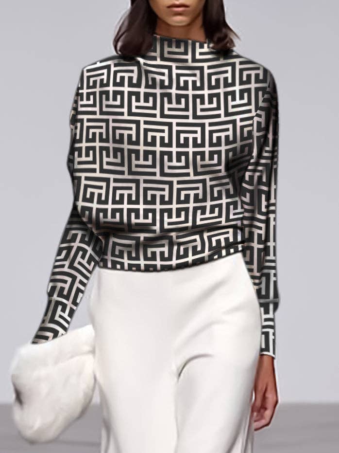 BLACK Long Sleeves Loose Geometric Printed Stand Collar T-Shirts Tops for wholesale on Faire