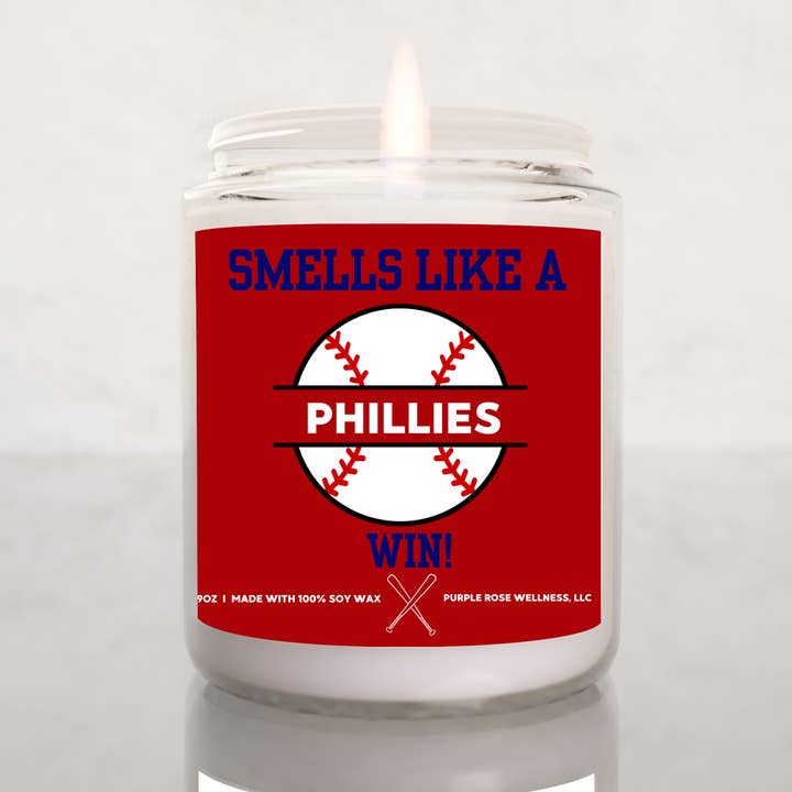 Philadelphia MLB Soy Candle Smells Like a Phillies Win for wholesale by Purple Rose Wellness, LLC