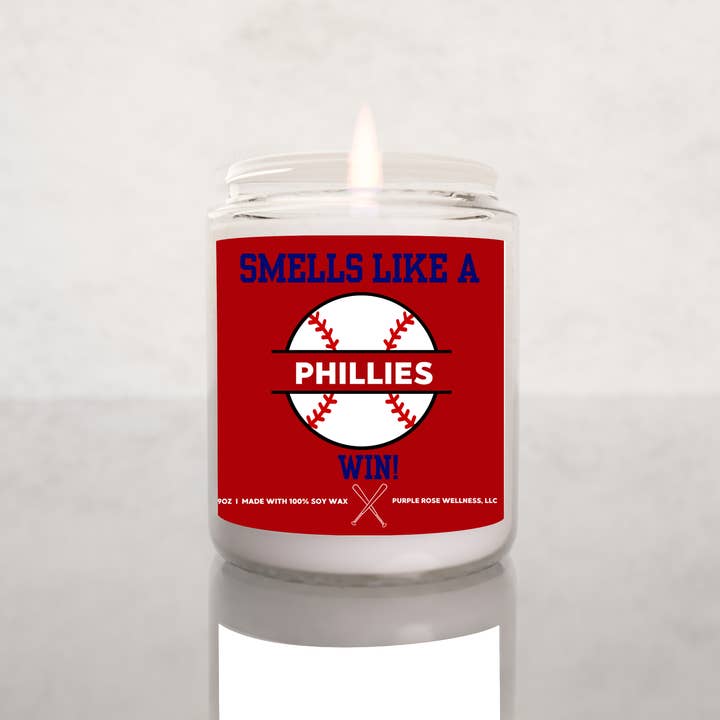 Philadelphia MLB Soy Candle Smells Like a Phillies Win for wholesale by Purple Rose Wellness, LLC