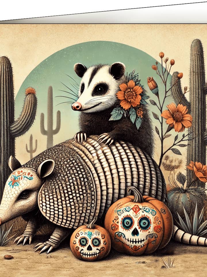 Wenskaart, Halloween, Dag van de Doden, Gordeldier & Das voor wholesale door Thistle and Tale Press