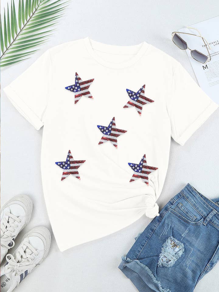 Lovesoft - Wholesale T-Shirt - Women's - Multicolor Sequined American Flag Star Graphic T Shirt