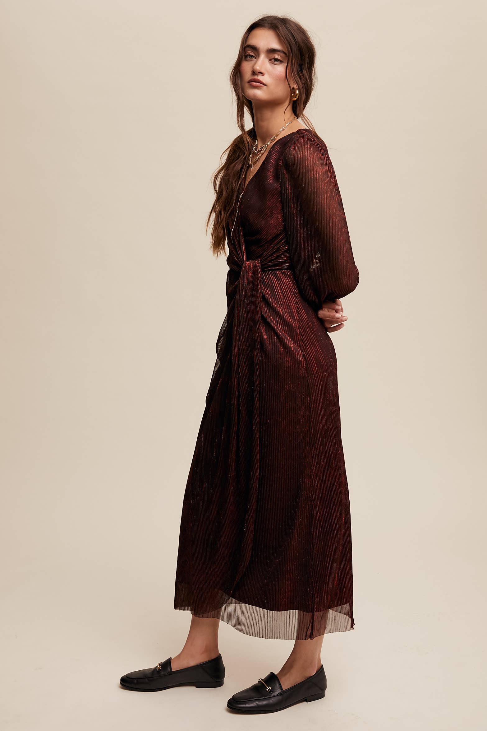 Listicle - Wholesale Jurk - Dames - Glanzende geplooide wikkel midi-jurk LD13227