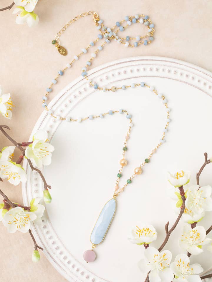 Bellini 27.5-29.5" Peach Moonstone, Pearl, Green Ruby Zoisite with Blue Opal Bezel Simple Necklace for wholesale by Anne Vaughan Designs Jewelry