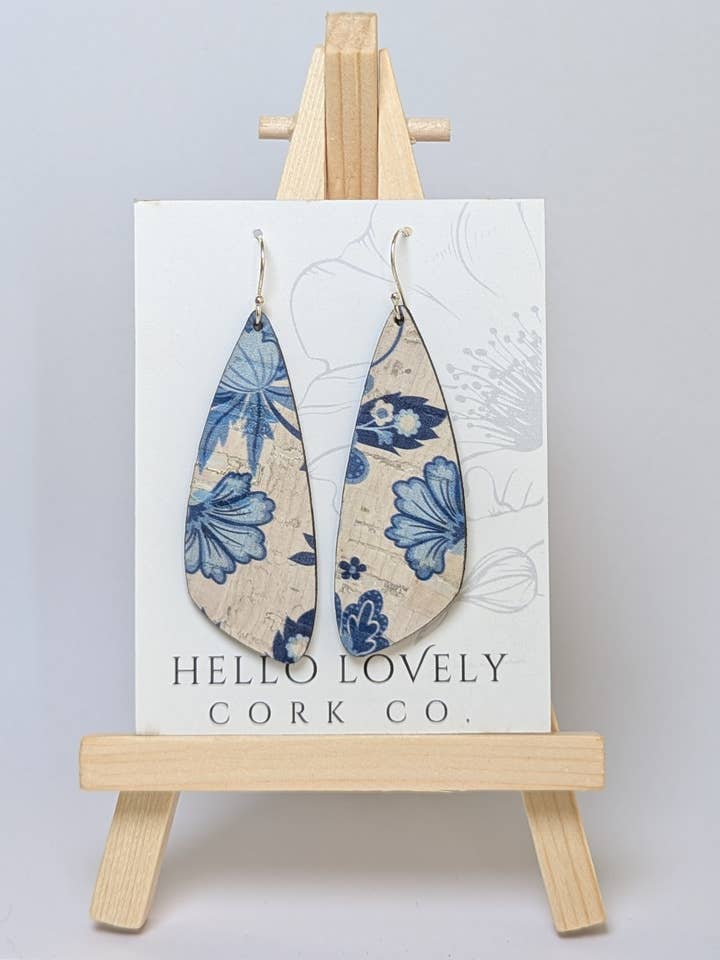 Blue and White Floral Cork Earrings - Small Wing for wholesale by Hello Lovely Cork Co.