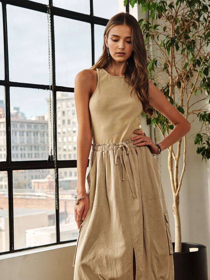 DRAWSTRING WASHED DRESS - CED3481 for wholesale by ADORA LA