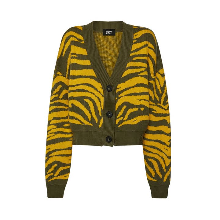 Cárdigan de lana merino verde y amarillo Dakota para venta al por mayor de Sveta Milano