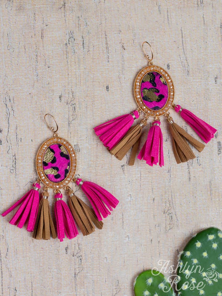 Airin' the Lungs Oval Earrings with Fringe, Fuchsia for wholesale by GRACE+EMMA by Southern Grace