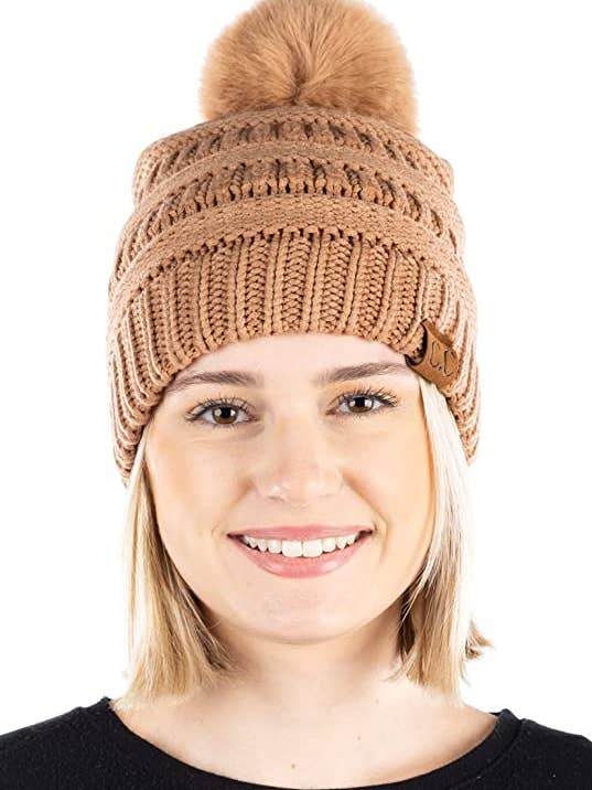 C.C Soft Yarn Faux Fur Pom Beanie - Nude for wholesale by Funky Junque