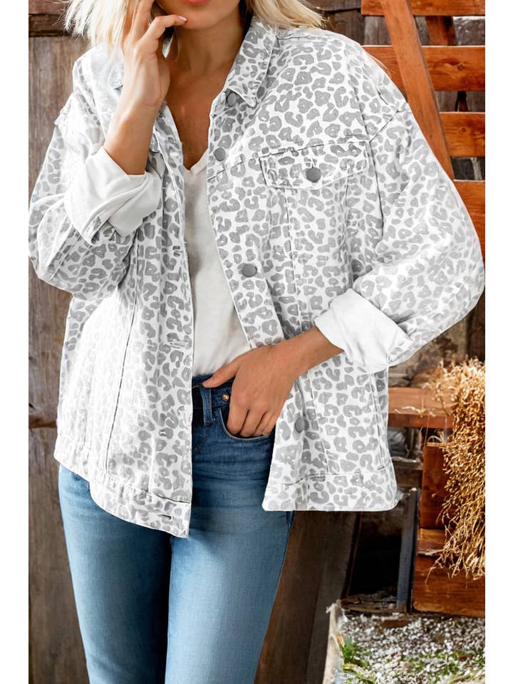 AS SHOWN Fashion Fall Western Leopard Flap Pocket Denim Jacket for wholesale on Faire