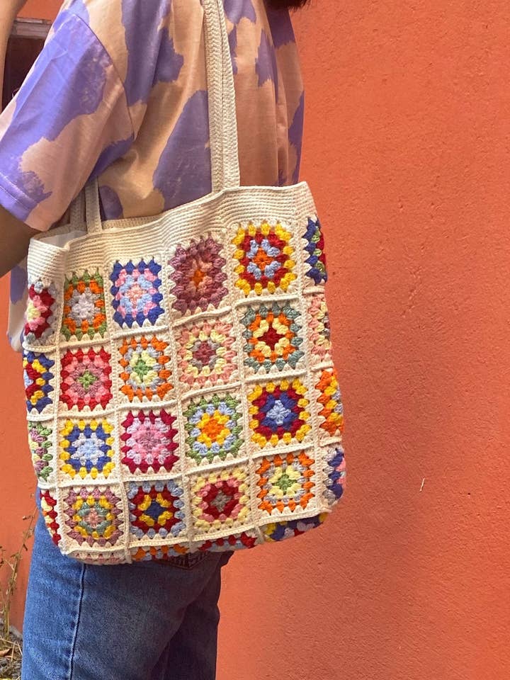 Handmade Vintage Inspired Granny Square Crochet Tote Bag for wholesale by Honey Art and Nature