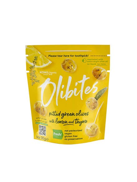 1 oz Pitted Green Olives With Lemon and Thyme for wholesale by Olibites by Komili Family